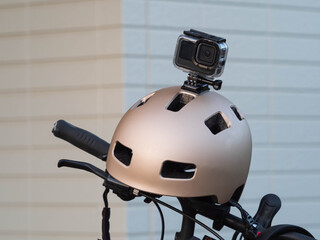 Detail shot with action camera mounted on a sports helmet