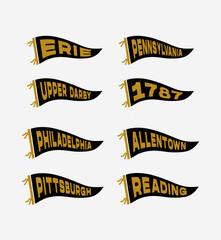Vintage pennants Philadelphia, Allentown, Pittsburgh, Reading, Erie, Pennsylvania, Upper Darby, 1787. Retro colors labels. Vintage hand drawn wanderlust style. Isolated on white background.  - obrazy, fototapety, plakaty