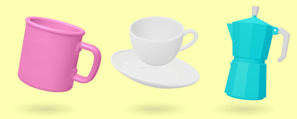 Set of coffee maker, camping mug and cup isolated on blue background. 3D render Vector illustration.