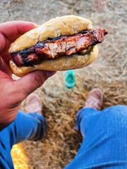 Tasty steak bun in the hand of a man while resting
