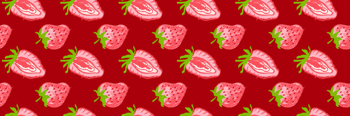 Color strawberry banner template. Rare strawberries seamless pattern, vector hand-drawn illustration of red berries for juice, jam label design. Strawberry background for baby food. Ice cream backdrop