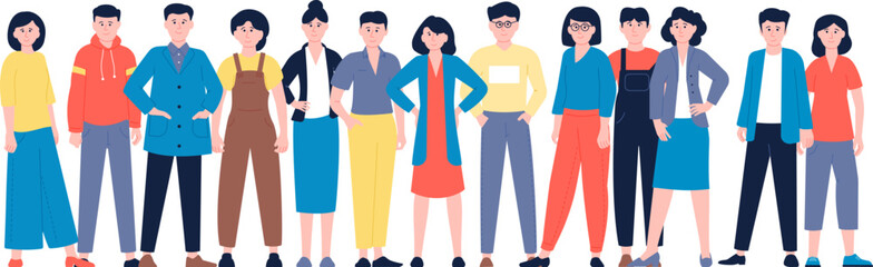 Fototapeta premium Teenagers group portrait together. Smile adolescent, adults citizens crowd. Different people population, business team casual style recent vector characters