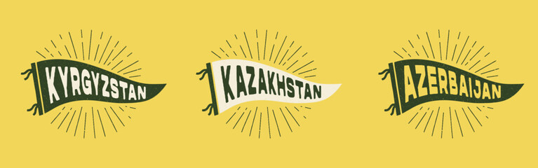 Vintage pennant Kyrgyzstan, Kazakhstan. Retro colors labels. Vintage hand drawn wanderlust style. Isolated on white background. Good for t shirt, mug, other identity.  - obrazy, fototapety, plakaty