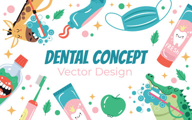 Animal characters clean teeth with toothbrush. Dental dentist tooth care banner poster concept. Vector graphic design illustration