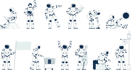 Cartoon astronaut. Astronauts characters hold flag, work with laptop, waiting and growth plant. Adventures cute flat man in cosmonaut suit, recent vector set © LadadikArt
