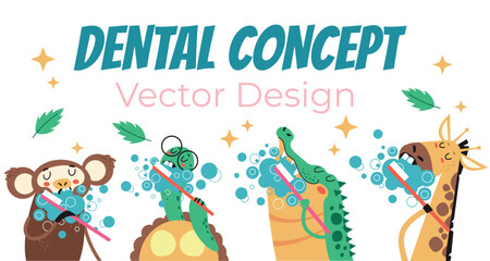 Animal characters clean teeth with toothbrush. Dental dentist tooth care banner poster concept. Vector graphic design illustration
