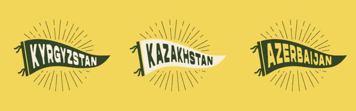 Vintage pennant Kyrgyzstan, Kazakhstan. Retro colors labels. Vintage hand drawn wanderlust style. Isolated on white background. Good for t shirt, mug, other identity. 