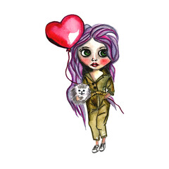 Hand drawn beautiful girl doll with big eyes with red ballon and small dog.Isolated on white background.Watercolor illustration filtered in Photoshop,nice for birthday,valentine day card ,invitations
