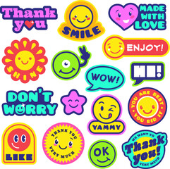 Trendy happy stickers, hippie positive vibe patch. Hipster geek funny badges in 90s style. Thank you and enjoy, acidity psychedelic smile faces tidy vector elements