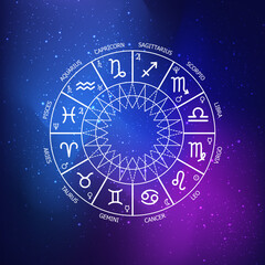 Zodiac circle on a dark blue background of the space. Astrology. Vector illustration