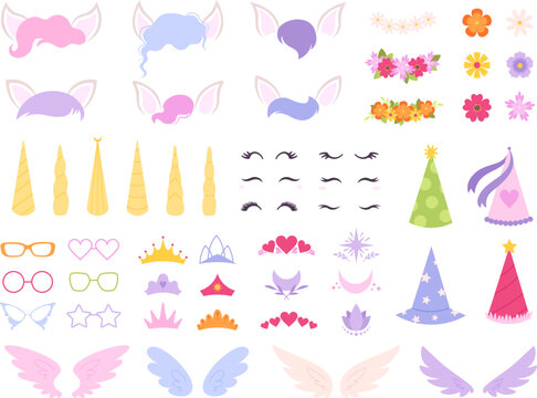 Cartoon unicorn constructor. Unicorns horns, party eyelashes and color hair bundle. Cute pony mask and sticker elements. Racy girly prints diy vector clipart