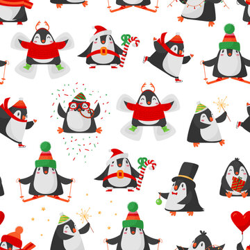 Penguin seamless pattern. Christmas penguins in confetti with fireworks, xmas tree toys and sweets. Funny animal skiing, classy vector print
