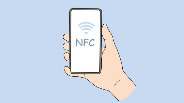 Person holding cellphone with NFC on screen. Client paying online with near field communication technology. Modern tech and gadget. Motion illustration. 