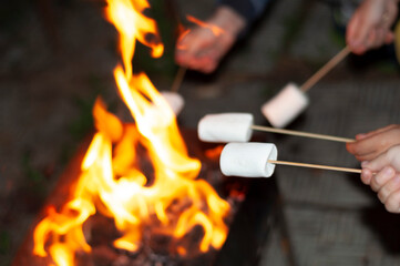 children's hands hold large pieces of marshmallow on wooden skewers over the fire - a sweet delicacy popular in the USA for barbecue. selective focus.