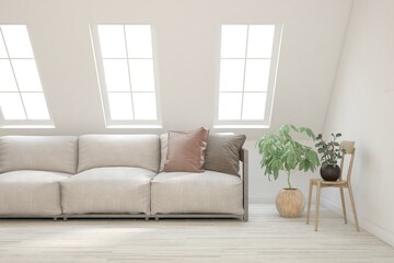 White living room with sofa. Scandinavian interior design. 3D illustration