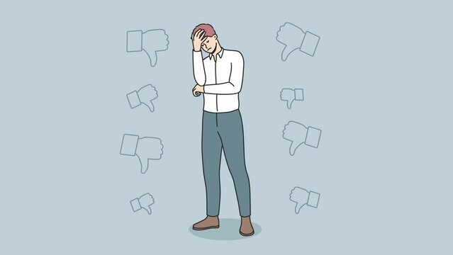 Unhappy young man feeling distressed get negative feedback from clients. Stressed businessman frustrated with bad results and bad recommendations. Motion illustration. 