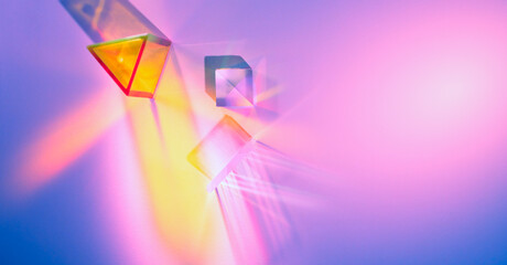 Glass prisms and cubes with color spectrum rays. Abstract background with reflection and refraction of light. Shadow and rays of natural light effects.. - Powered by Adobe