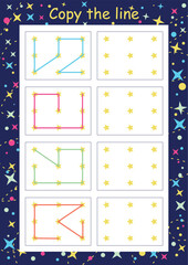 Preschool fine motor worksheet - dotted lines. Learn to write. Tracing sheet. Illustration and vector outline - A4 paper ready for printing. Workbook for repeating children's handwriting.