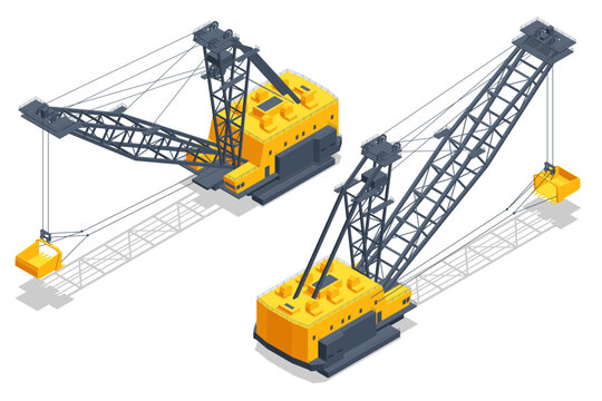 Isometric dragline excavators. A dragline excavator, heavy equipment used in civil engineering and surface mining. Heavy equipment vehicle. Equipment for high-mining industry. Mining clay in quarry.