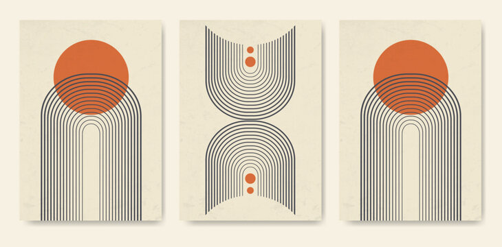 Arch Poster Set In Minimalistic Style With Texture Illustrations