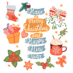 Christmas colorful clipart set and lettering.Sock, holly, poinsettia, mistletoe with a red bow, mug of hot chocolate, gifts, gingerbread, pine branch with a cone.Hand drawn vector illustration.

