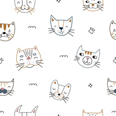 Seamless pattern with cute faces of cats. Vector illustration on a white background for your design