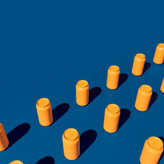 Creative pattern concept of yellow cans for drinks on blue background. .Minimalistic 3D Illustration with copy space.