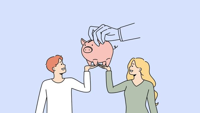 Couple with piggy back saving money for future. People with piggyback collect coins make investment. Finance and stability. Motion illustration. 