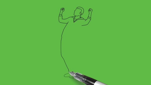 Draw standing young boy keep his fists up and lean back wearing blue t-shirt, grey trouser and black shoes on abstract green background
