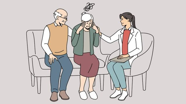 Female doctor helping unhealthy old woman with memory loss in hospital. Therapist assist elderly grandmother with dementia or Alzheimer disease. Motion illustration. 