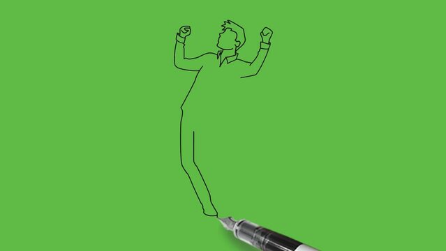 Draw standing young boy keep his fists up and lean back wearing white shirt, blue trouser and grey shoes on abstract green background
