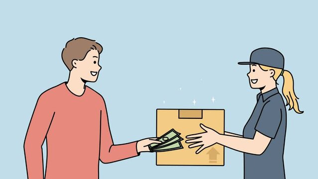 Courier deliver package to happy client. Male customer pay cash to for postal parcel or order delivery. Good quality service. Motion illustration. 