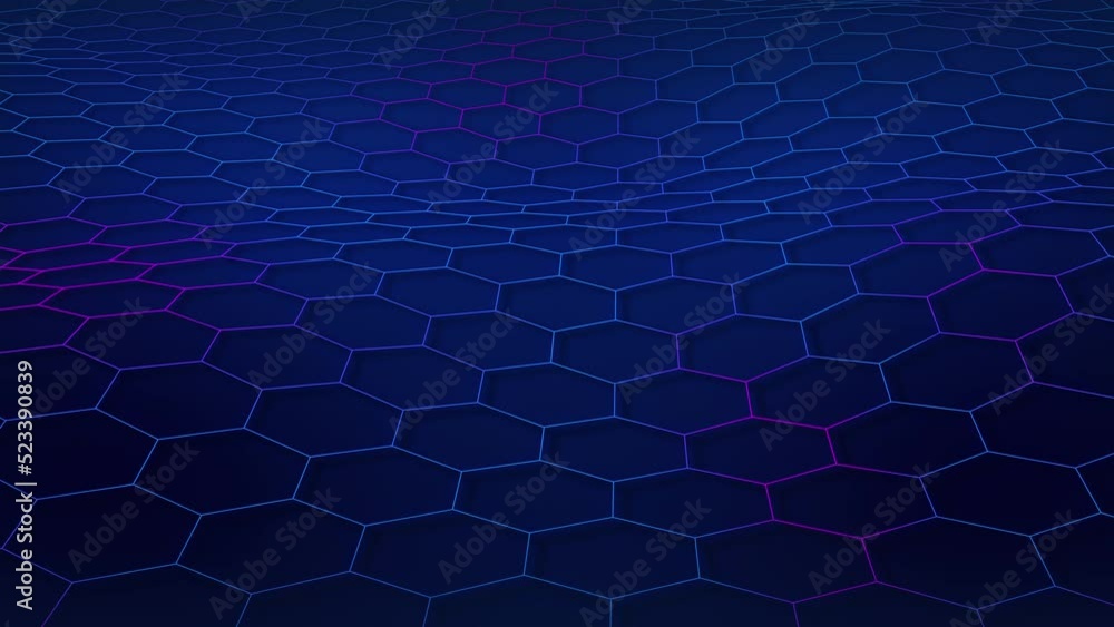 Poster technological grid of hexagons on a blue background. glowing blue purple gradient color hex wirefram