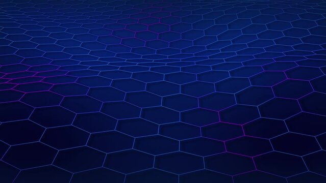 Technological grid of hexagons on a blue background. Glowing blue purple gradient color hex wireframe. Seamless looping animation.