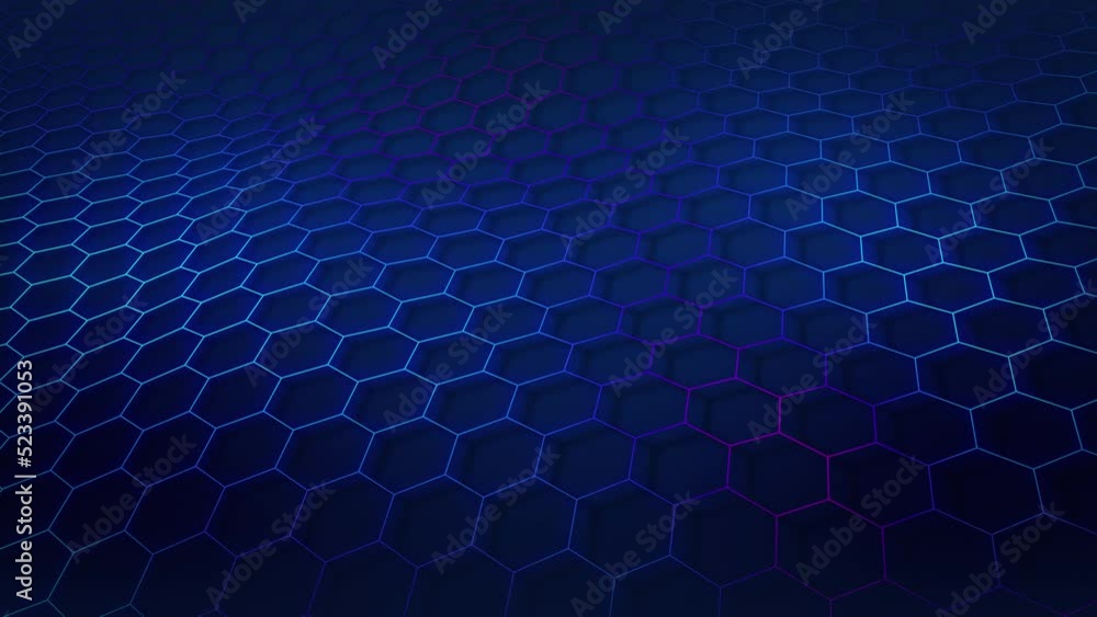 Poster technological grid of hexagons on a blue background. glowing blue purple gradient color hex wirefram