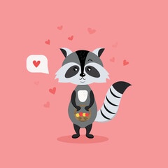 Funny animals kids design print. Cute raccoon with love on a pink background. Vector illustration in flat style.