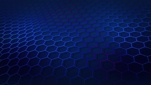 Technological grid of hexagons on a blue background. Glowing blue purple gradient color hex wireframe. Seamless looping animation.