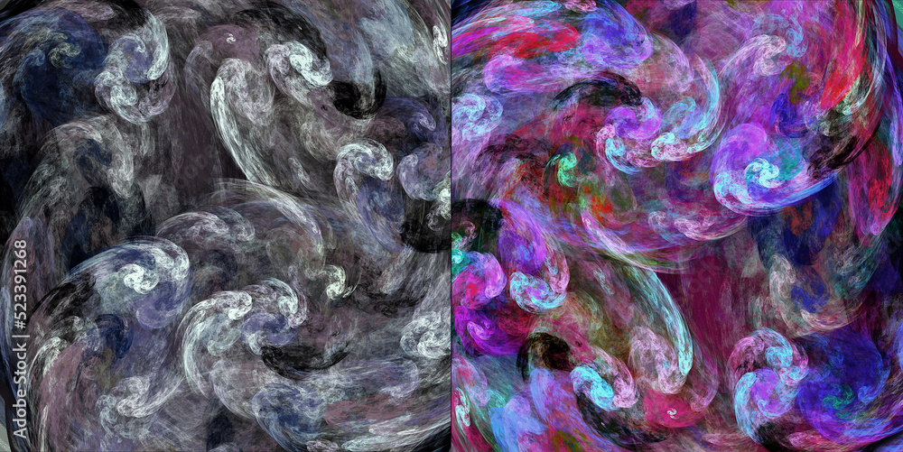 Poster monochrome and color swirls on a dark background. imitation of pastel drawing. two abstract fractal 