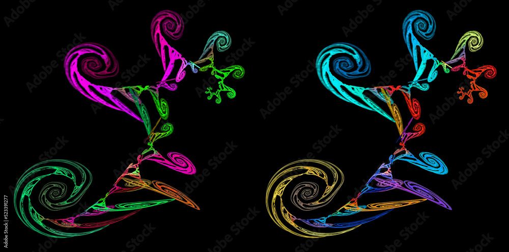 Poster colorful spirals with cutouts are connected and create interesting patterns on a black background. s