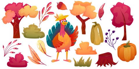 Cartoon turkey thanksgiving character and autumn clipart. Pumpkin, tree, acorn vector illustration isolated. Funny bird with hat character. Autumn bird cute turkey