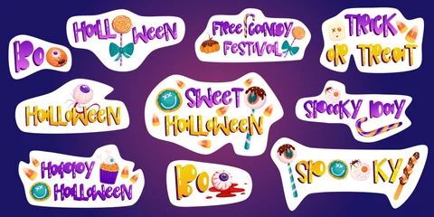 Foto op Plexiglas Trendy halloween sticker, with sweet spooky dessert. Vector set. Cartoon illustration for halloween. © Анжелика Полтавец