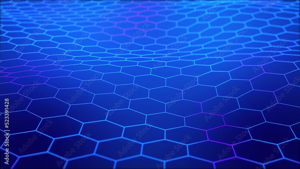 Poster technological grid of hexagons on a blue background. glowing blue purple gradient color hex wirefram