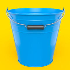 Empty metal garden bucket for hydration of plants isolated on yellow background