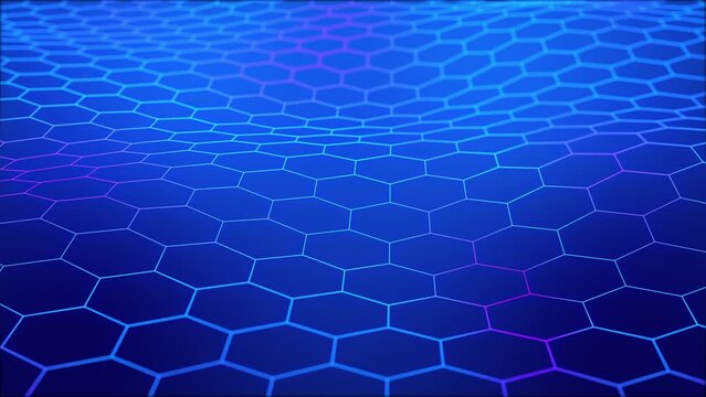 Technological grid of hexagons on a blue background. Glowing blue purple gradient color hex wireframe. Seamless looping animation.