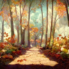 autumn scene with a small path, children book artwork, watercolor