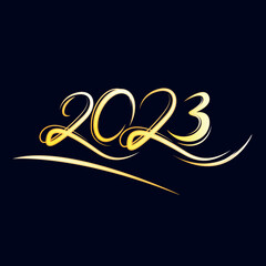 Lettering 2023 with golden glow. Glitter design element for holiday cards, Christmas or New Year party organizer headliner, banner, poster, web. 
