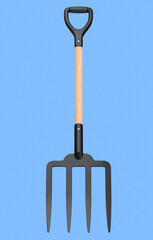 Garden pitchfork with wooden handle for harvesting hay on blue background.