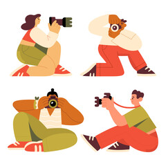 Male and female photographers sit in funny positions and take pictures with cameras