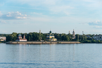 Naklejka premium Picturesque view of town of Uglich from the Volga river. Golden Ring of Russia.
