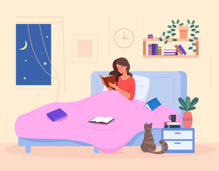 Woman reading on bed. Beautiful girl relax and reading book before sleep in home bedroom, night bedtime study or rest cosy bedding blanket with cat bedside, vector illustration